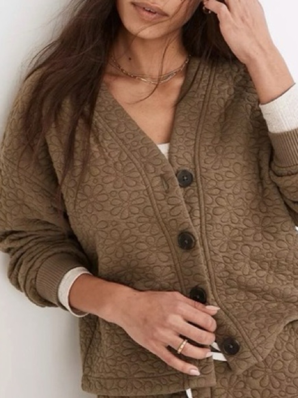 Madewell - Flower Puff Jacquard Crop Button Down Cardigan Sweatshirt Olive Green